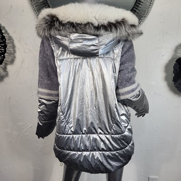 MITCHIE'S~M/L~SILVER GRAY GENUINE SHEARLING REAL FOX FUR HOODED PARKA COAT - Picture 13 of 16
